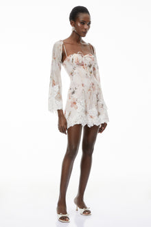 Lourdes Pink Floral Print Mini Dress with Lace Trim