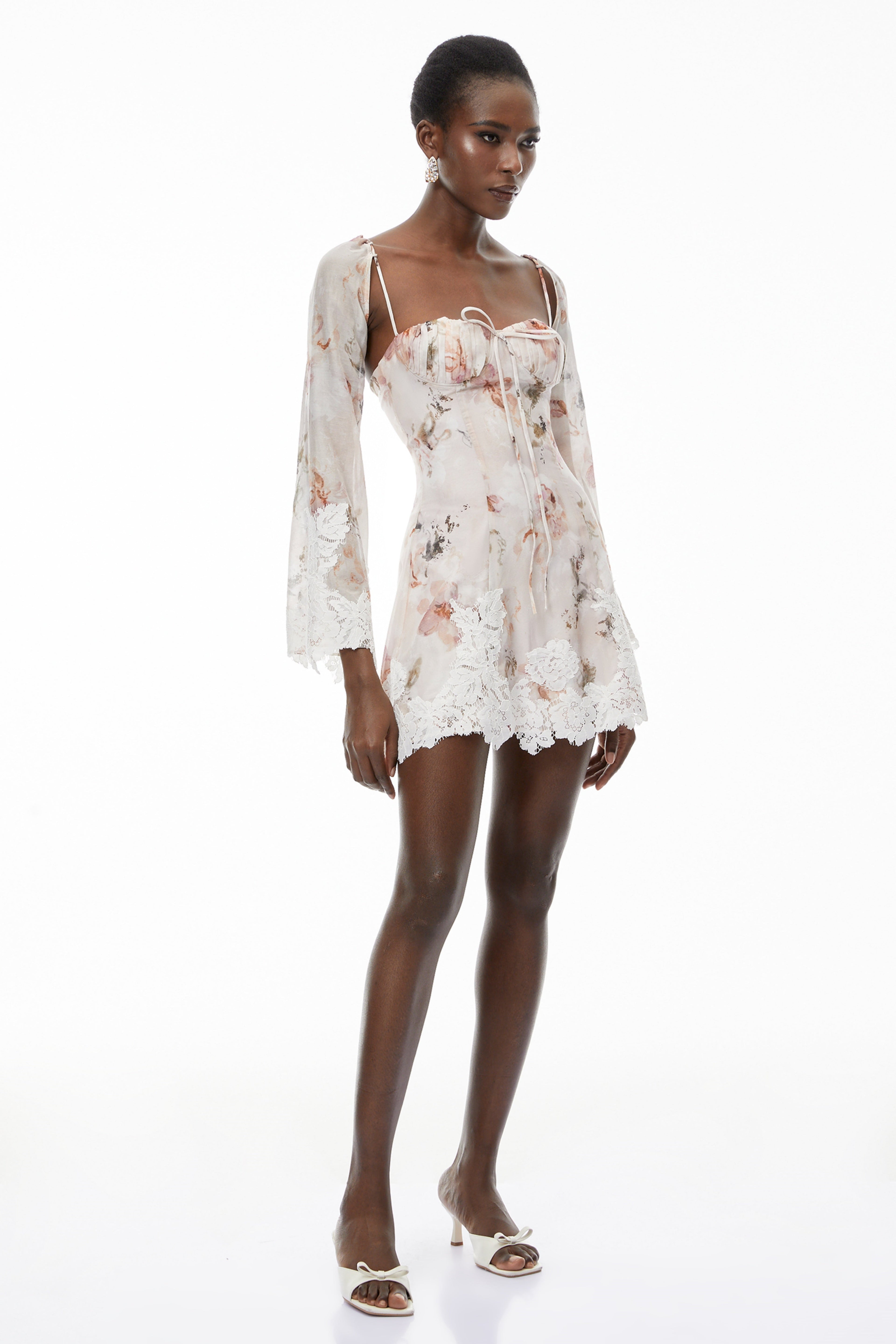 Lourdes Pink Floral Print Mini Dress with Lace Trim