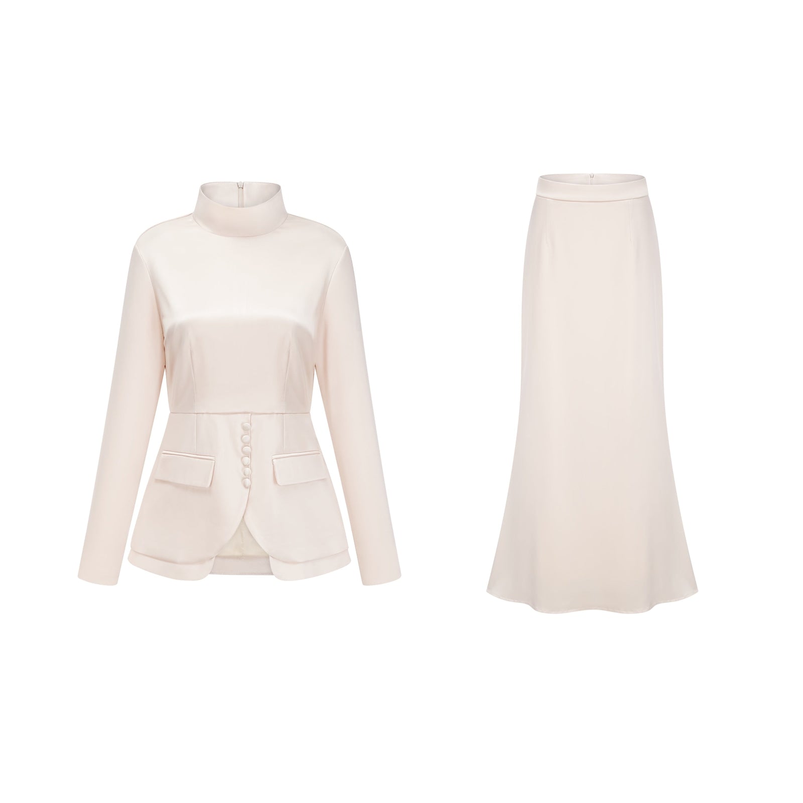 Roxanne Neutral Mock Neck Blouse & Mermaid Skirt Set