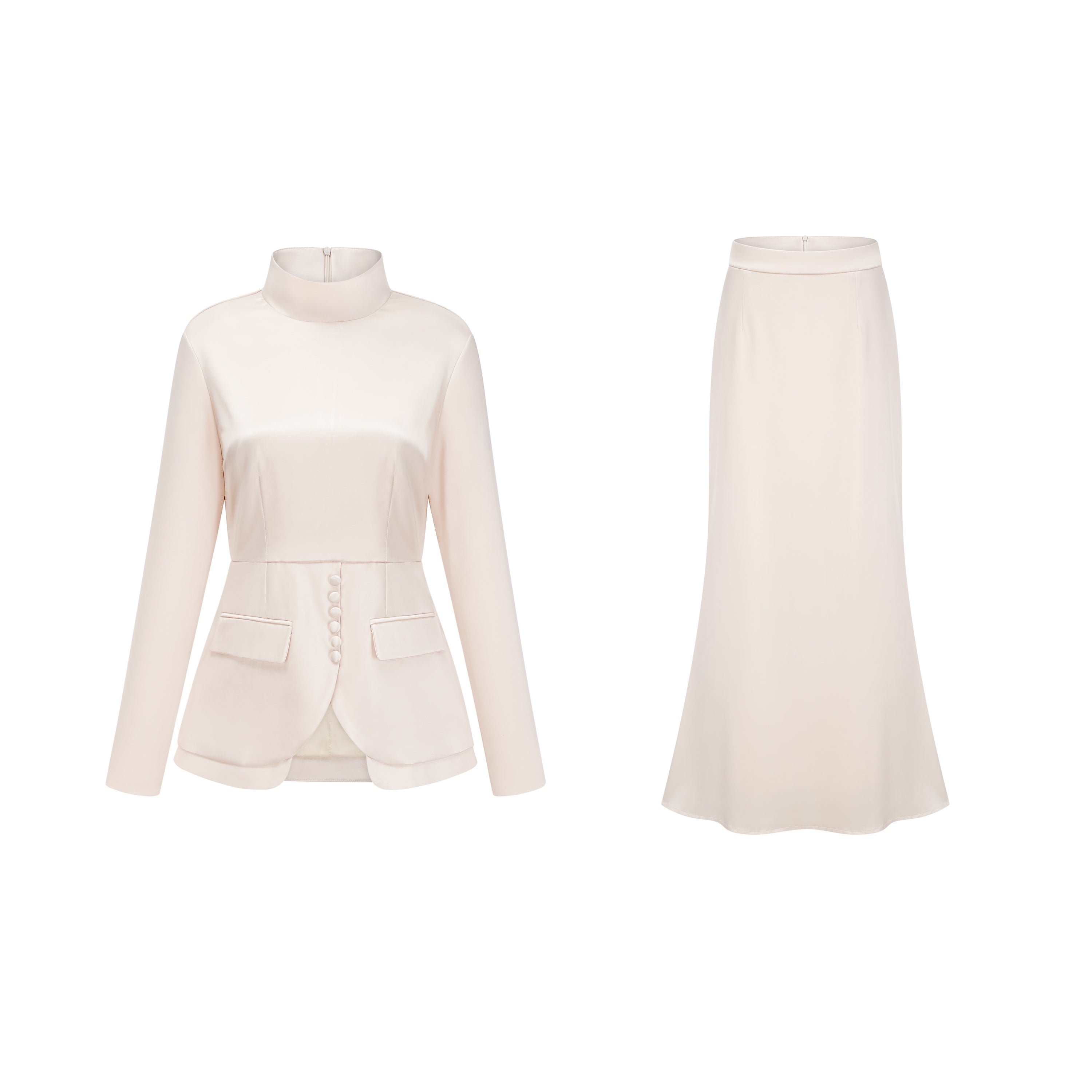 Roxanne Neutral Mock Neck Blouse & Mermaid Skirt Set