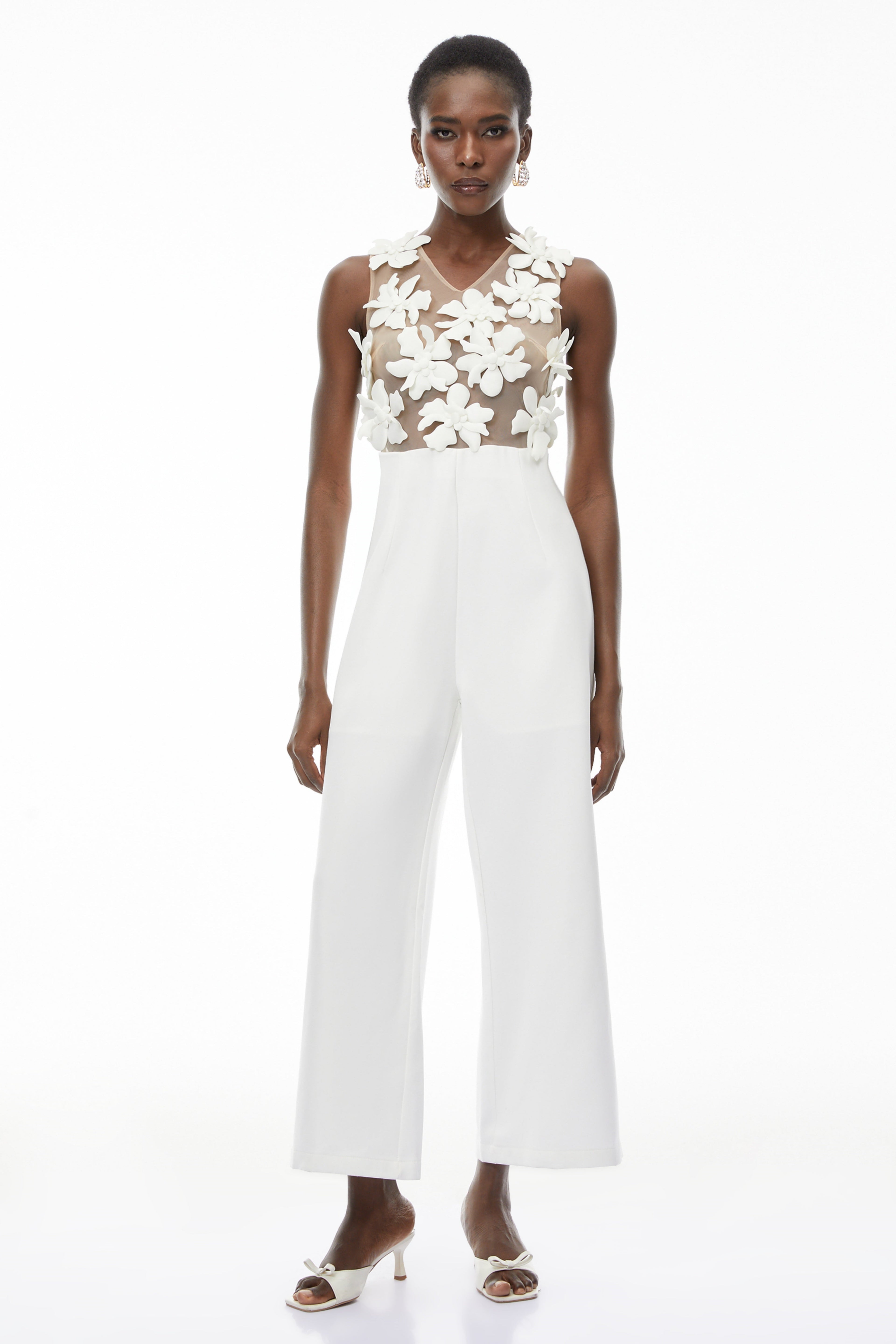 Melina White Sheer Jumpsuit with 3D Petals