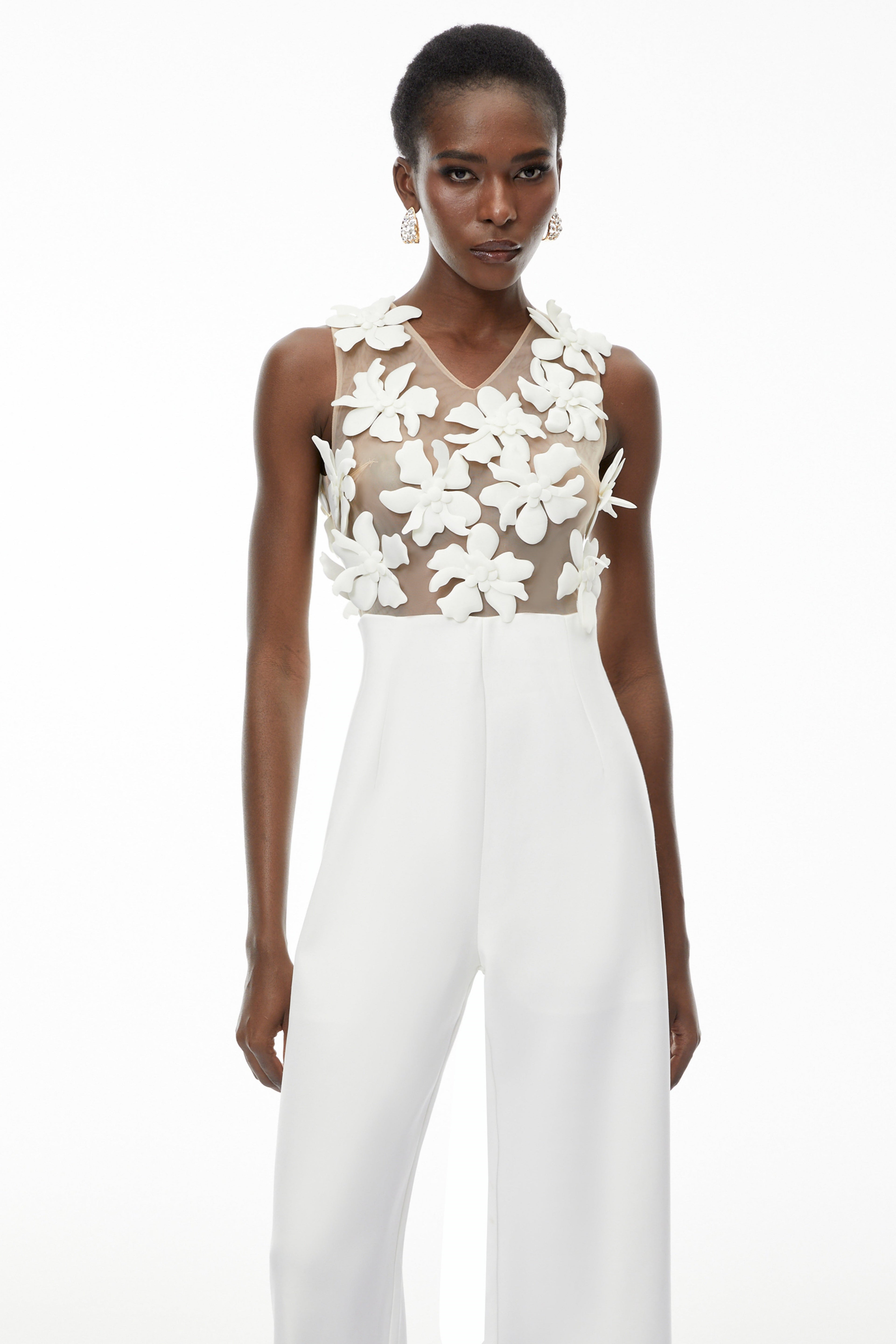 Melina White Sheer Jumpsuit with 3D Petals