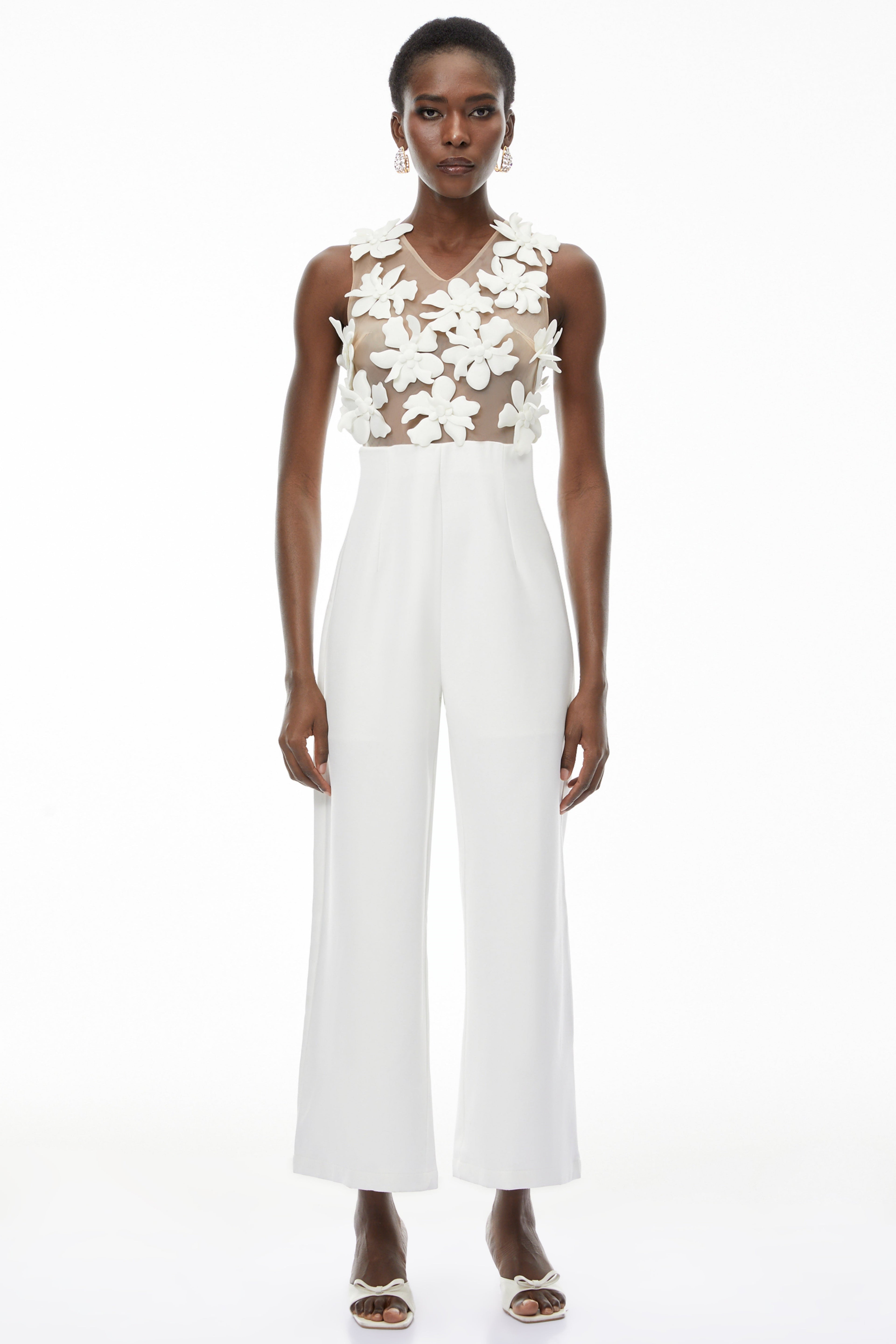 Melina White Sheer Jumpsuit with 3D Petals