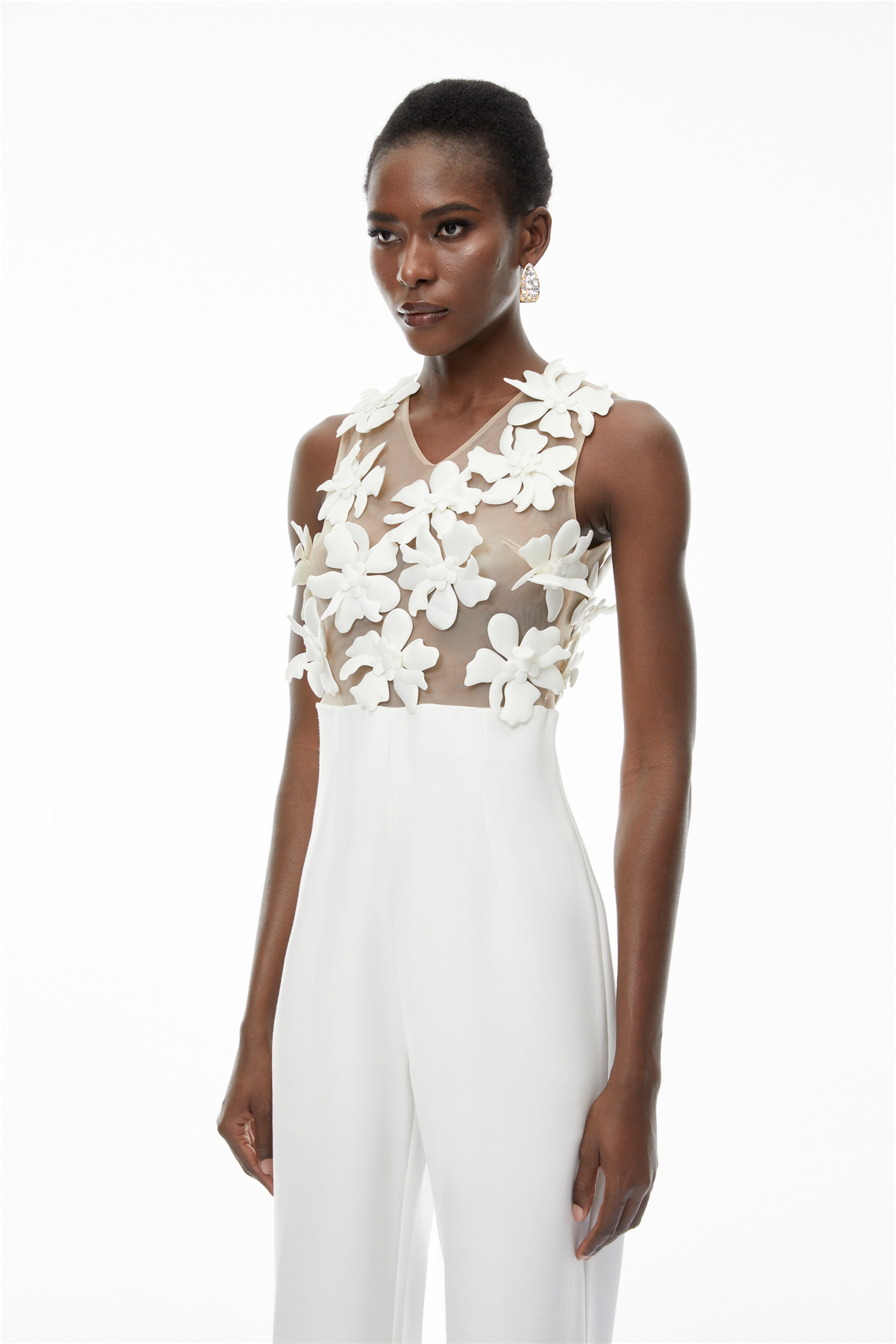 Melina White Sheer Jumpsuit with 3D Petals