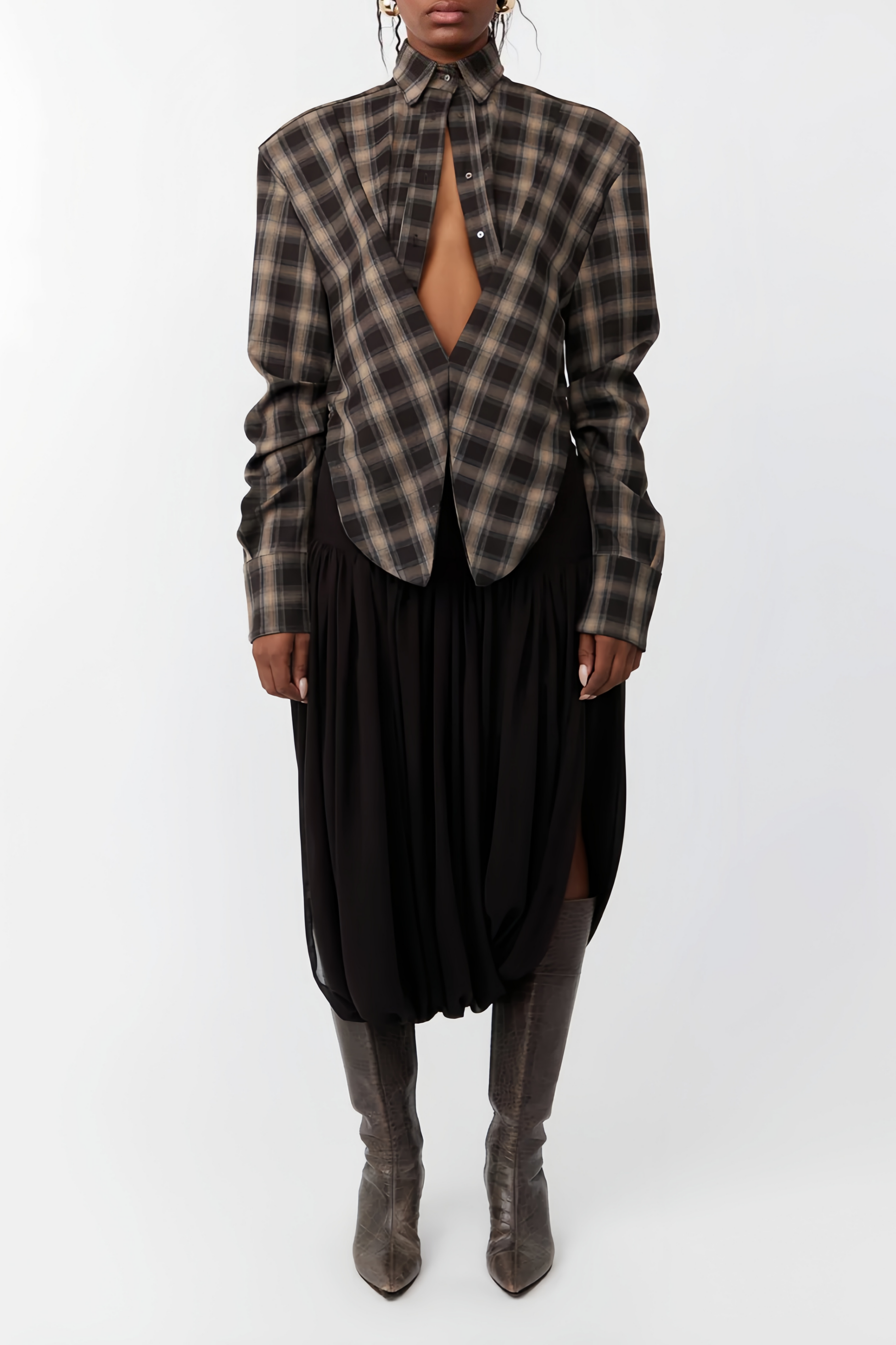 Amber Brown Plaid Tailored Cutout Blouse