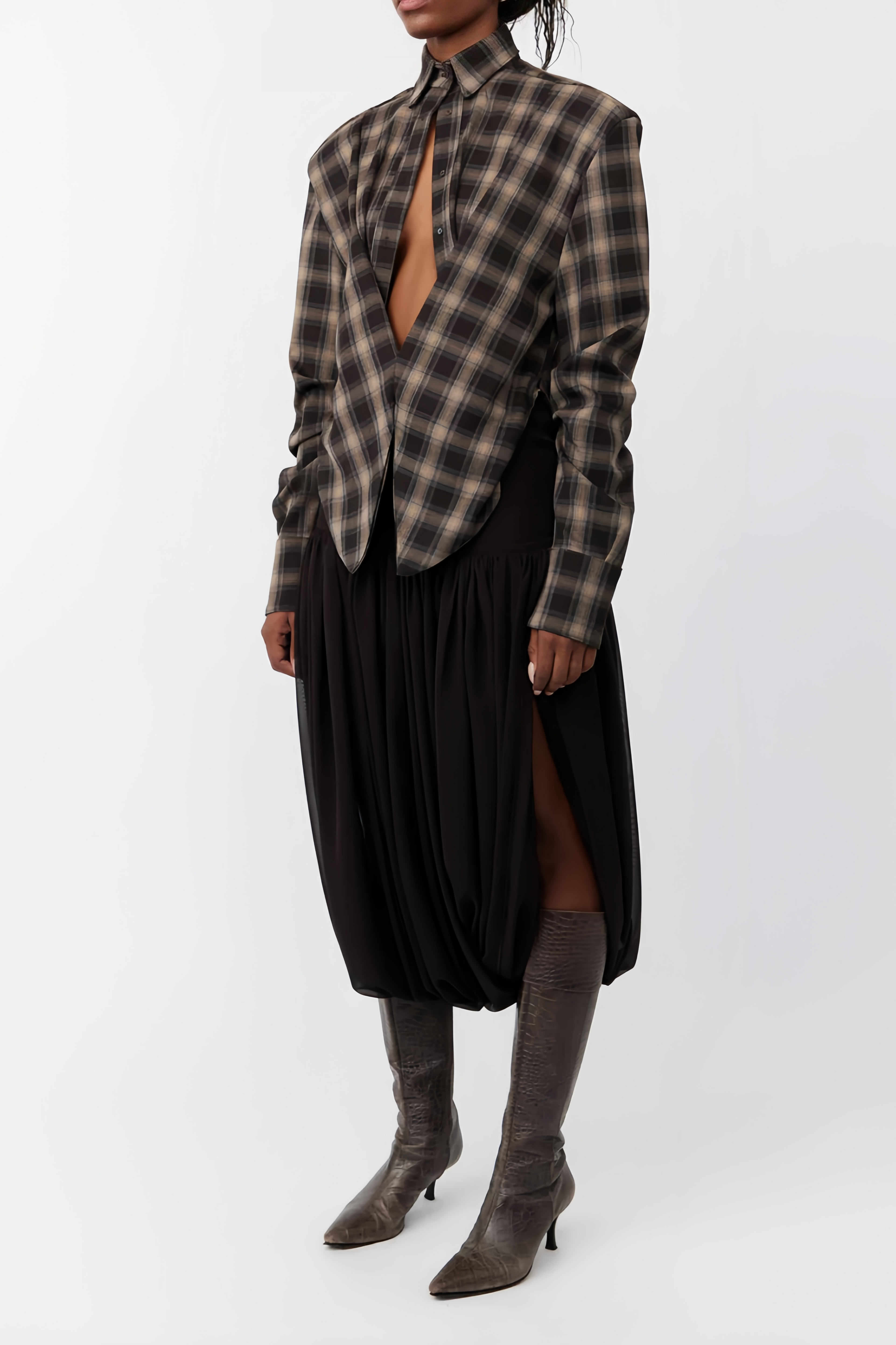 Amber Brown Plaid Tailored Cutout Blouse