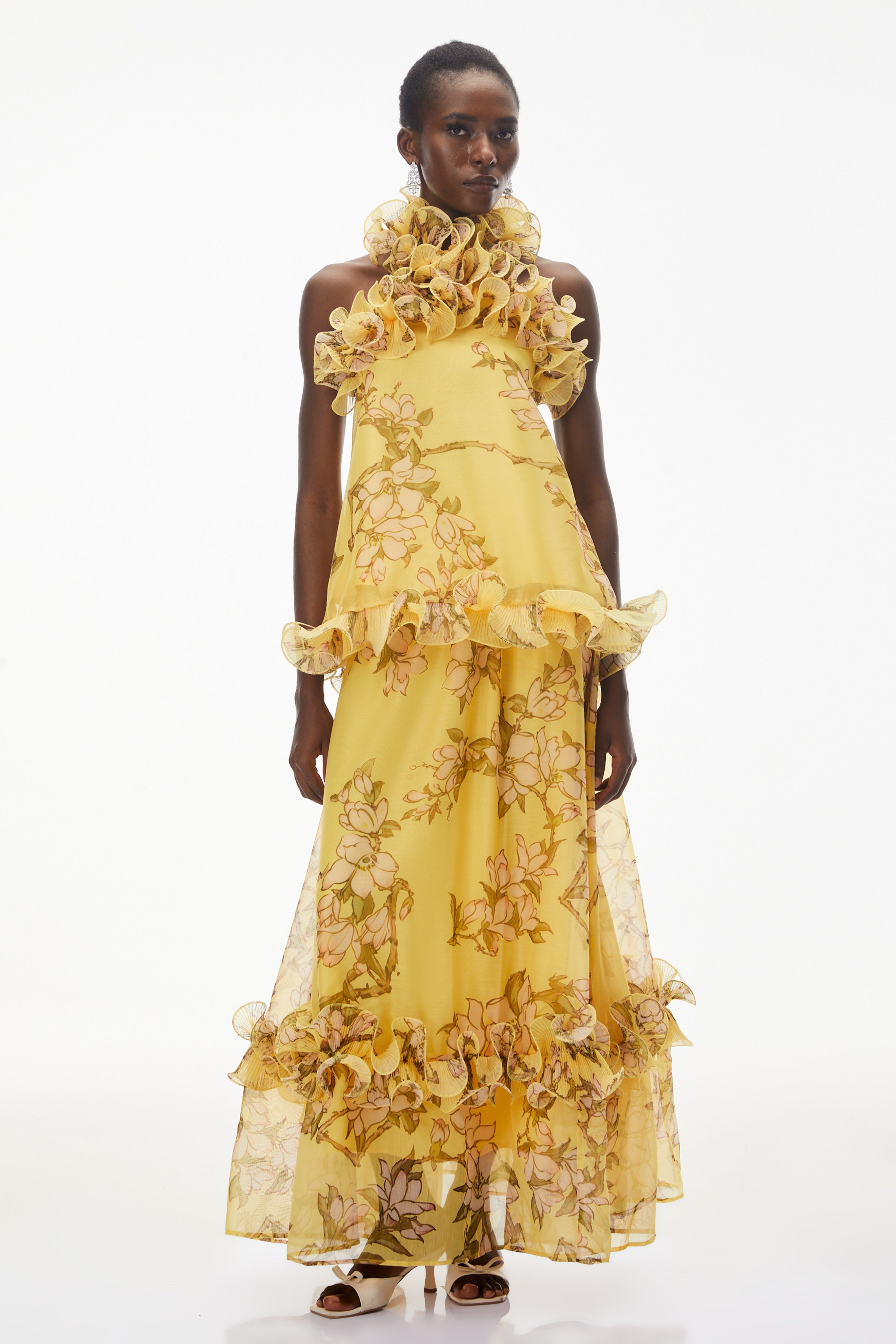 Tamanna Yellow Floral Ruffled Top & Skirt Set