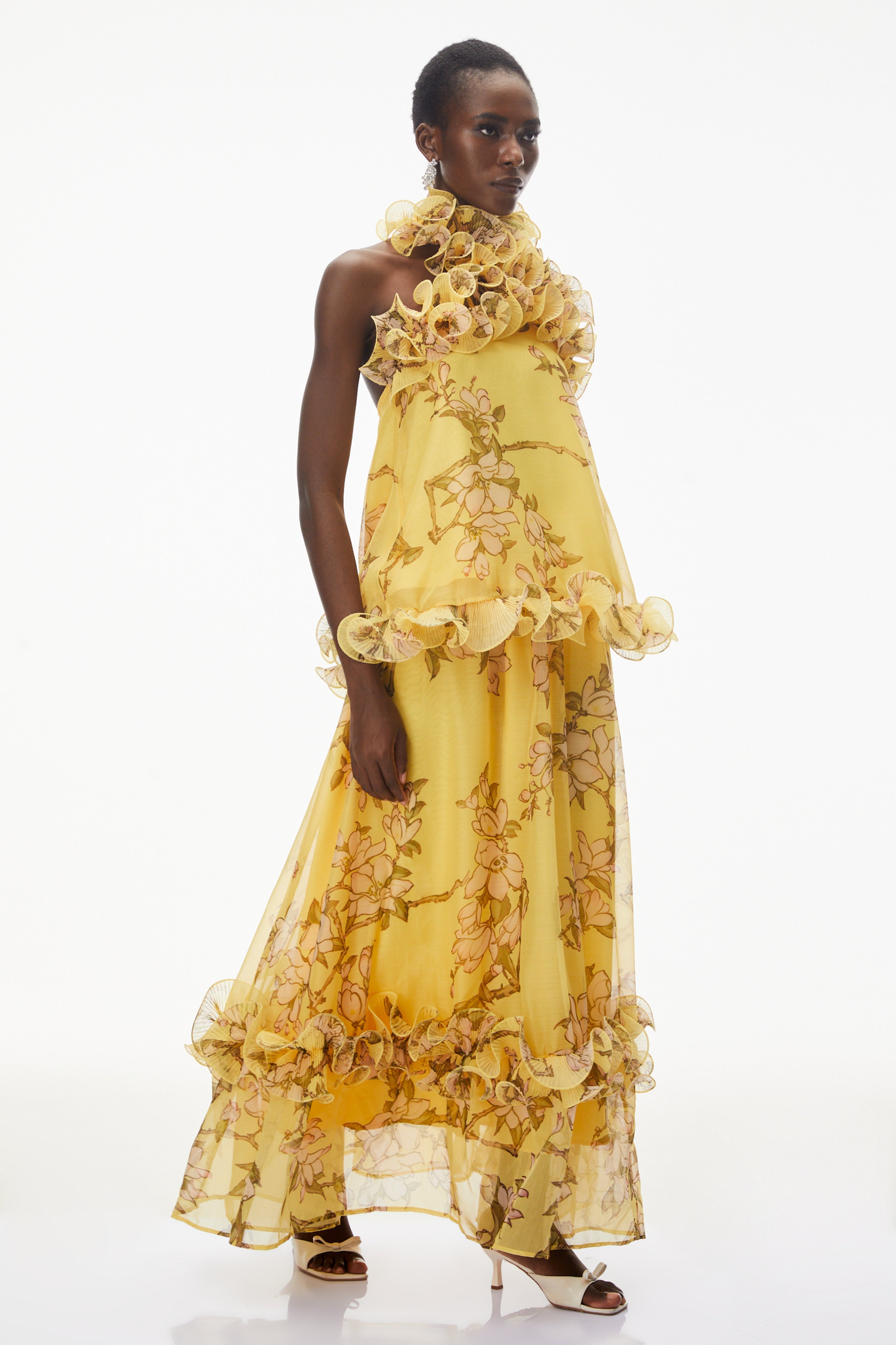 Tamanna Yellow Floral Ruffled Top & Skirt Set