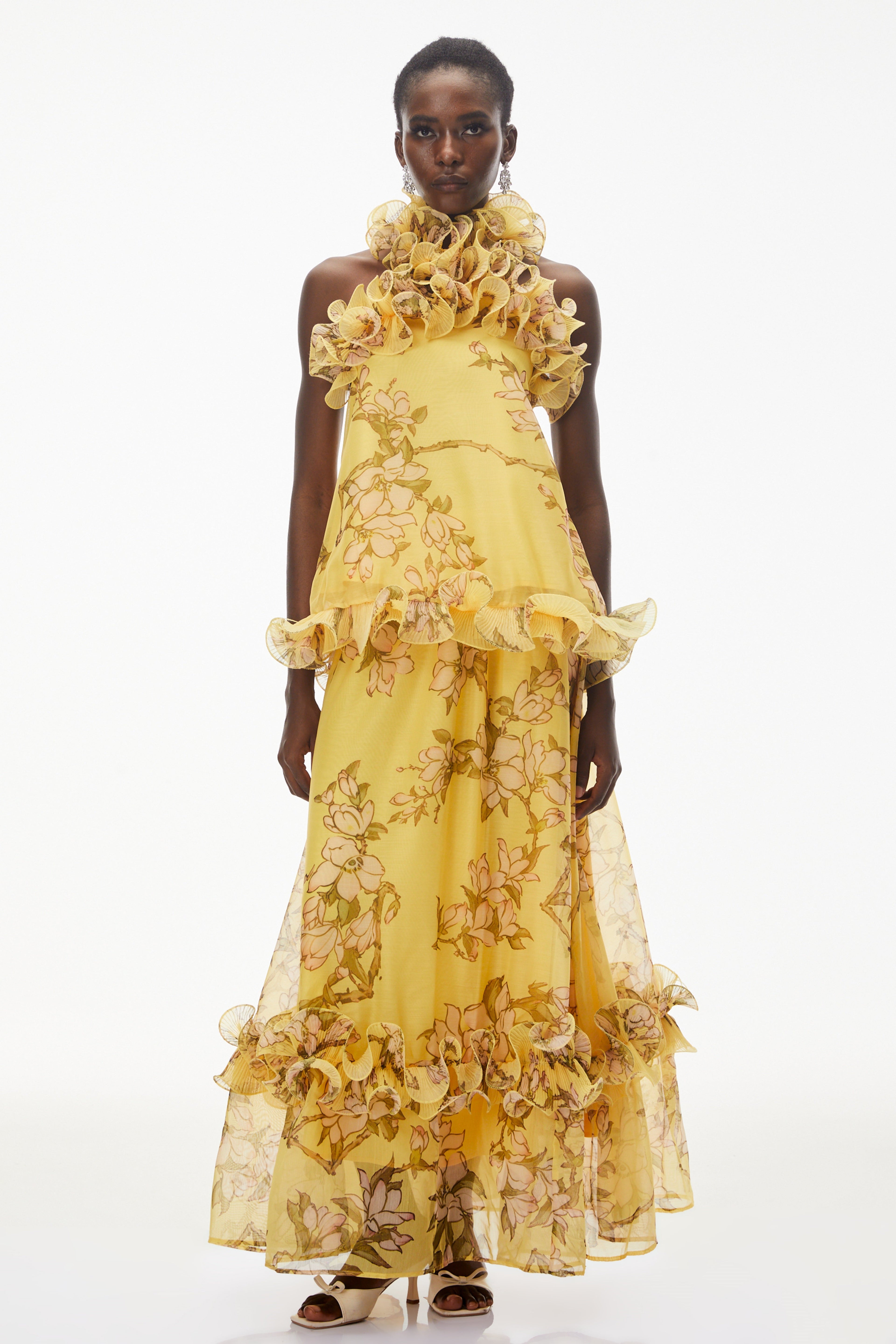 Tamanna Yellow Floral Ruffled Top & Skirt Set