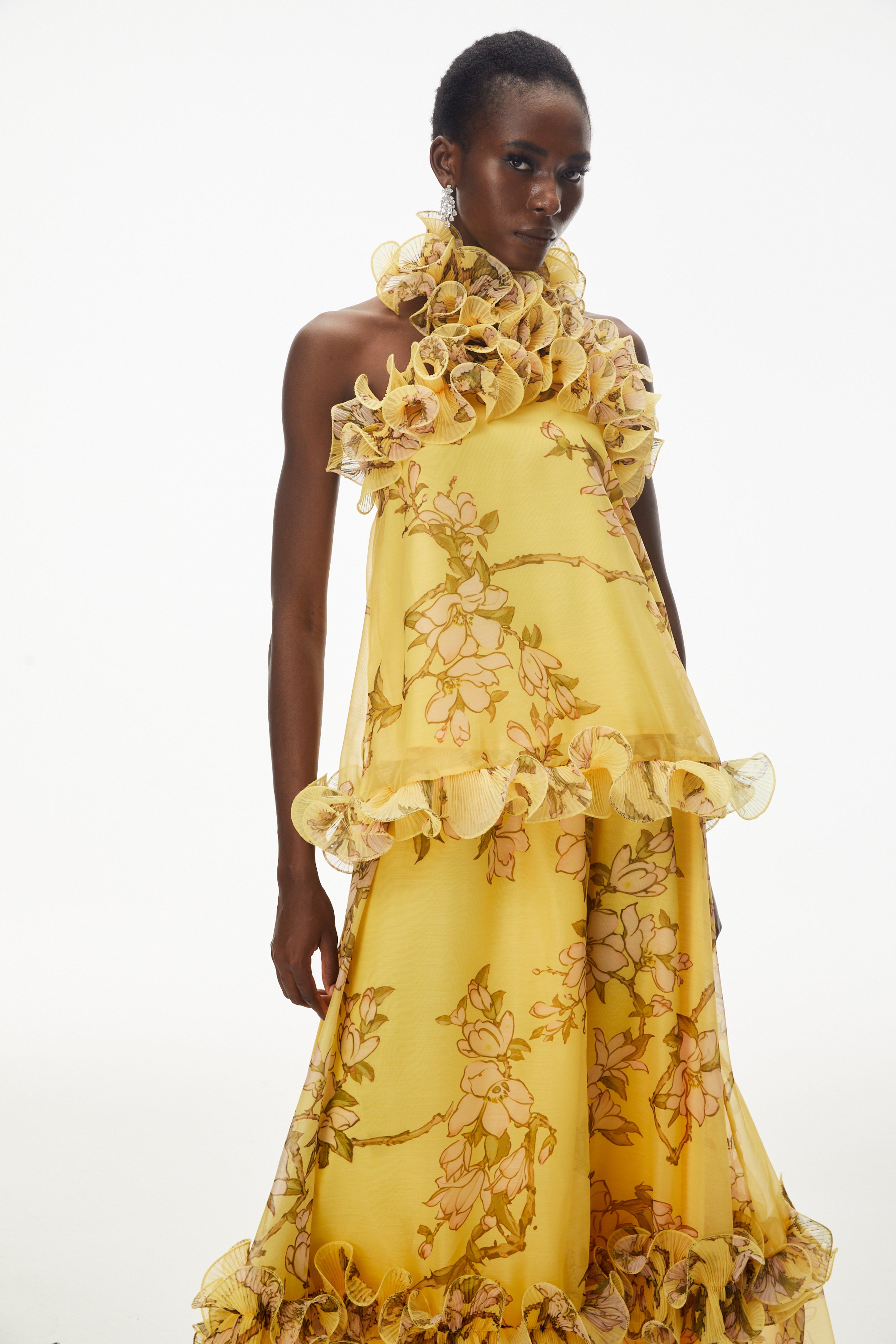 Tamanna Yellow Floral Ruffled Top & Skirt Set