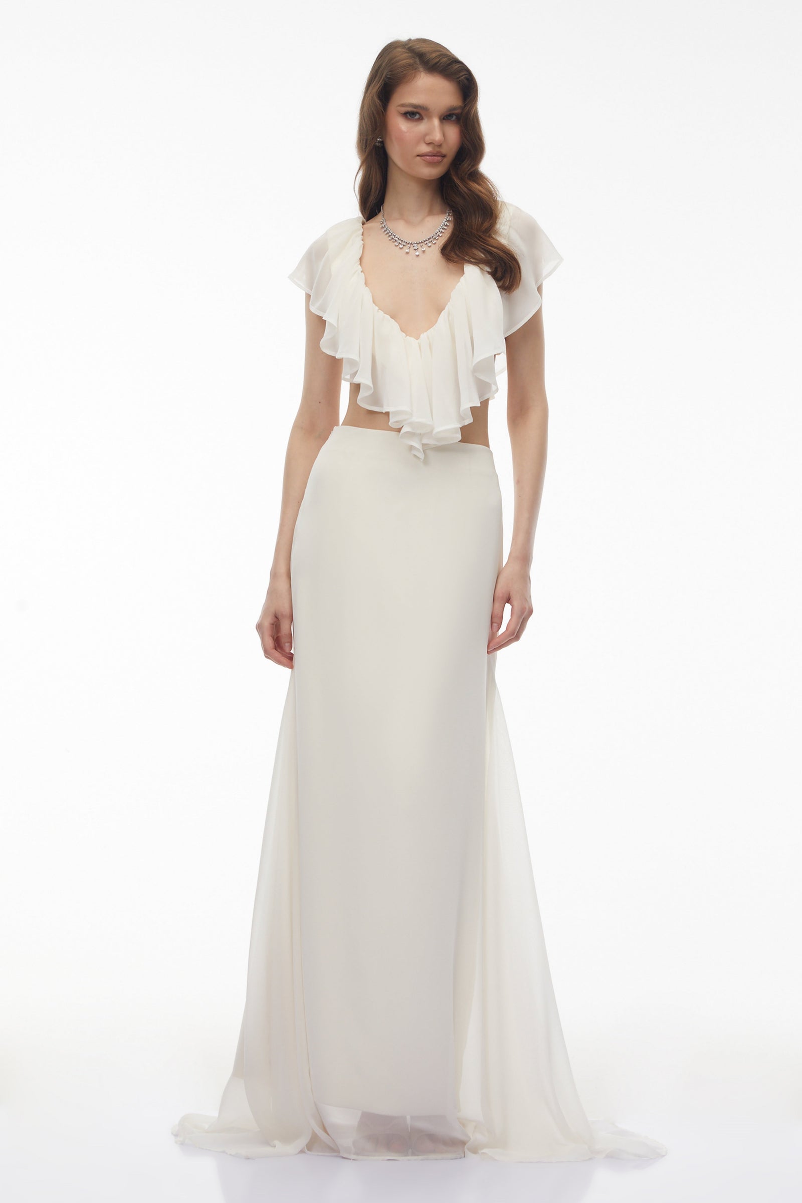 Winifred Ivory Chiffon Ruffled Top & Skirt Set