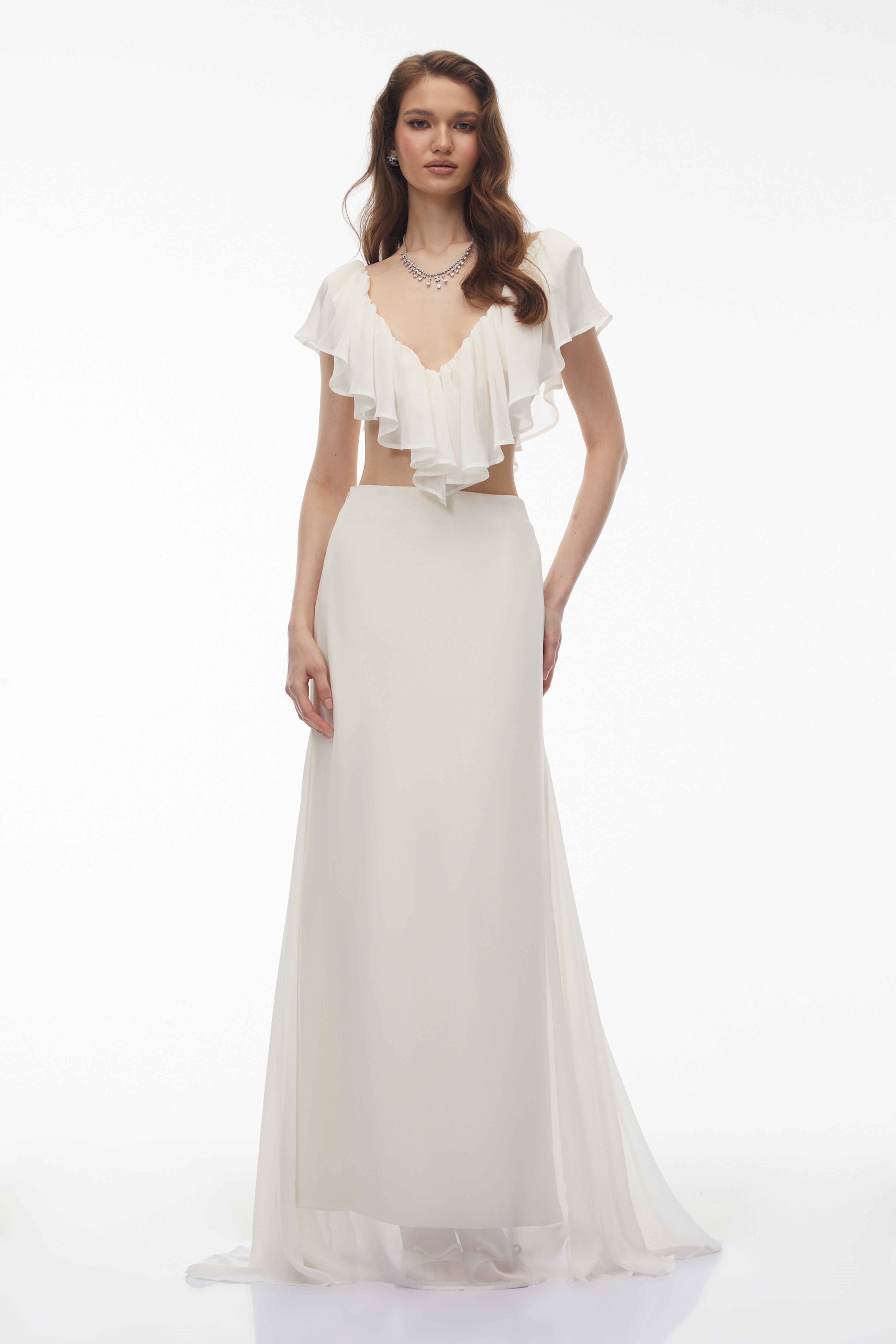 Winifred Ivory Chiffon Ruffled Top & Skirt Set